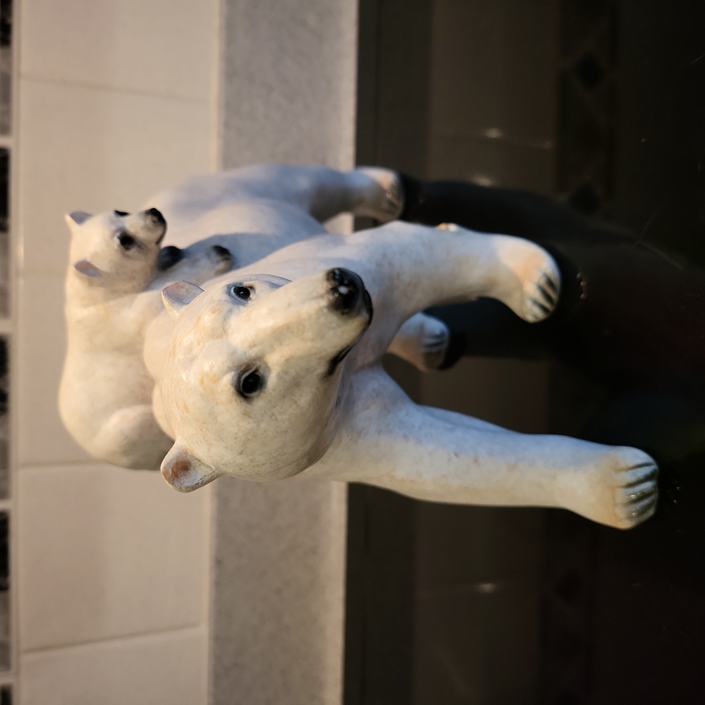 Ceramic Mid-century Modern Polar Bear with Cub Riding on Back Figurine 10.25"